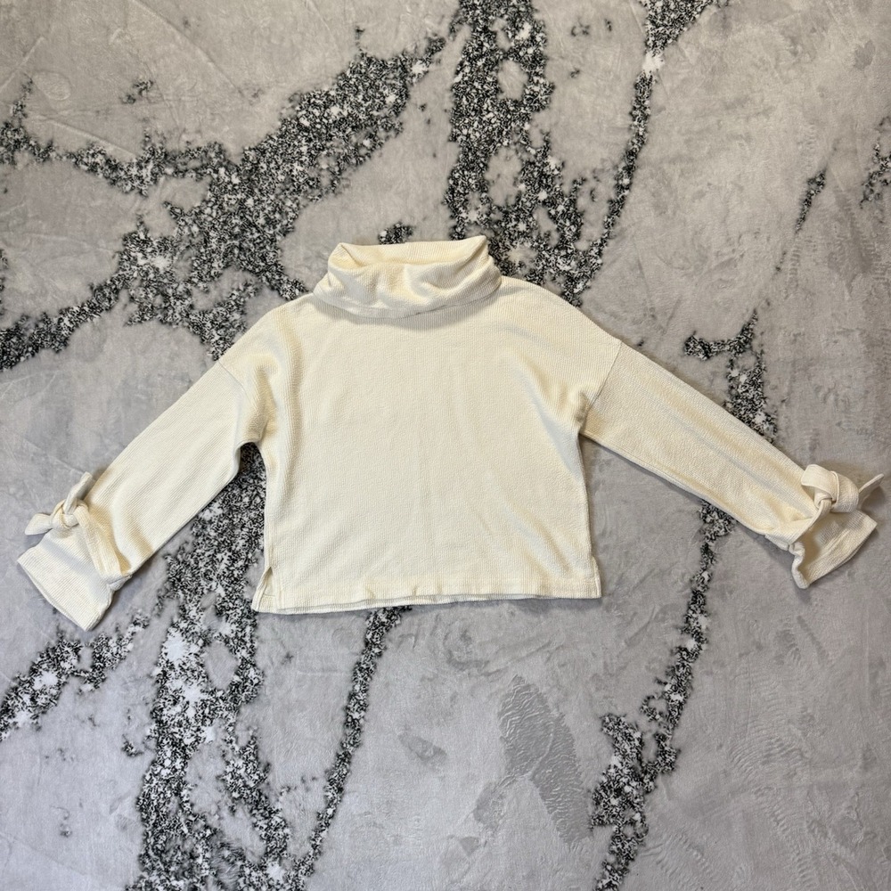 Madewell Sweater Womens Size M Cream Mock Neck Tie-Cuff Long‎ Sleeve 100% Cotton